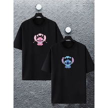 Unisex Kadın Erkek Lilo & Angel Baskılı Sevgili Çift Kombini Tasarım Oversize Tshirt 2'li Siyah Mck2108 Siyah