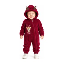 Tatlı Geyik Nakışlı Welsoft Peluş Kapüşonlu Fermuarlı Kışlık Unisex Bebek Tulumu 40212 Bordo