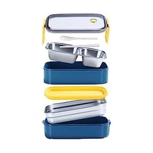 1400ml Lunchbox İki Katlı 2 Bölmeli Çelik Sefer Tası Yemek Kutusu Lacivert-sarı Bakır