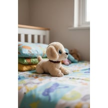 Sesli Havlayan Yavru Köpek Peluş Oyuncak 25 Cm Mavi İri Gözlü - Hediye Ve Uyku Arkadaşı Bej