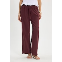 Tudors Kadın Relax Fit Rahat Kesim %100 Pamuk Beli Bağcıklı Lastikli Çift Cepli Mürdüm Pantolon-50602
