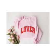 Magors Stıl-x Sevgililer Gününe Özel Lover Baskılı Oversıze Bisiklet Yaka Pamuklu Sweatshırt Pembe