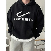 Tarzsokak Just Fish It Balık Kancası Desenli Baskılı Erkek Kapüşonlu Sweatshirt Moda Polar Sıcak Kazak Siyah