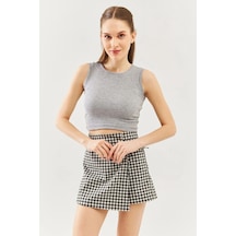 Butikgiz Kadın Sıfır Kol Bisiklet Yaka Vücuda Oturan %100 Pamuklu Kaşkorse Esnek Crop Bluz Gri