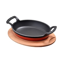 Lava Döküm Oval Sahan Döküm Demir Yekpare Çift Kulplu Kayın Servis Ahşabı Ölçü 19x14cm. - Kırmızı