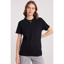 Tudors Kadın Slim Fit Dar Kesim Pamuklu Yumuşak Doku Likralı Esnek Kumaş Basic Siyah Bisiklet Yaka Tişört-37833 Siyah