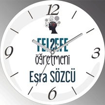 Kişiye Özel Felsefe Öğretmeni Çap 30cm Sessiz Akar Bombeli Gerçek Cam Duvar Saati Siyah