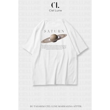 Nevermind Unisex Kadın Erkek Saturn Baskılı Özel Tasarım Oversize Beyaz