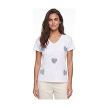 Onloox Kadın Beyaz Beyaz Pamuklu Esnek Kumaş V Yaka Kısa Kollu Kot Kalp Ve Taş Detaylı Örme T-shirt