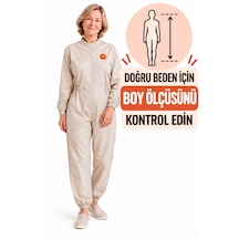 Bej Yaka Çiçekli Hasta Tulumu Demans Hasta Bakım Kıyafeti Sırt Fermuarlı
