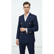 Plus Scorpion Gold Düğmeli Kruvaze Erkek Blazer Ceket Premium Kumaş, Slim Fit Şıklık Koyu Lacivert