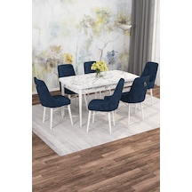 Mona 80x132 Beyaz Mermer Desen Açılabilir Mdf Yemek Masası Takımı 6 sandalye Lacivert