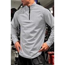Genius Store Erkek Yarım Fermuarlı Compression Uzun Kol Spor Tişört Ve Fitness Tişörtü Dalgıç-uzun Gri