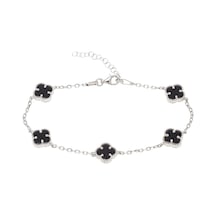 Nagiss Beşli Yonca Model Siyah Oniks Taşlı 925 Ayar Gümüş Kadın Bileklik Gümüş