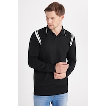 Erkek Slim Fit Dar Kesim Uzun Kol Polo Yaka Çizgili Siyah Kazak-35807 Siyah