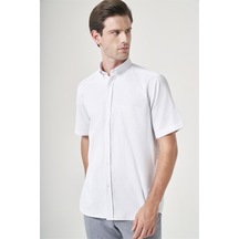 İmza Beyaz-mavi Düğmeli Yaka Kısa Kol Cepli Comfort Fit Pamuklu Gömlek 1004260188 Beyaz - Mavi