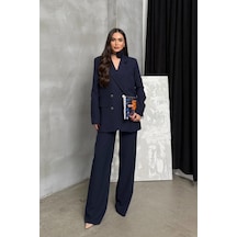 Msm Fashion Kadın İkili Blazer Ceket Pantolon Takım Aksesuar Ve Düğme Detaylı Bol Paça Lacivert