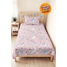 Evimde Bambaşka Pembe Uzay Yıldız Kız Çocuk Pike Takımı - Ay Bulut Mavi Bebek Odası Yazlık Yatak Örtüsü - 160x220  CM