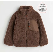 Smalltouch Unisex Çocuk Yumuşak Dokulu Astarlı Fermuarlı Cepli Peluş Hırka Kahverengi