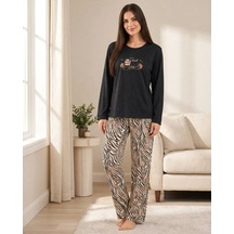 Kadın Kadife Siyah Desenli Alt Üst Pijama Takımı Siyah Kahve