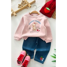 Minigimin Cicileri Tavşan Baskılı Çilek İşleme Kız Bebek Kışlık Takım - Pembe