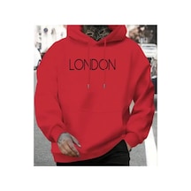 Herkesemoda London Baskılı Kapşonlu Kırmızı Sweatshirt Kırmızı