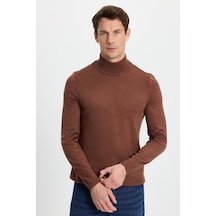 Tudors Erkek Slim Fit Dar Kesim Yumuşak Dokulu Tüylenmeyen Kahverengi Yarım Balıkçı Yaka Triko Kazak-34929 Kahverengi