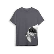 Hunter Avcılık Baskılı Av Köpeği Yan Detay Bakılı Regular Fit Gri T-shirt Antrasit