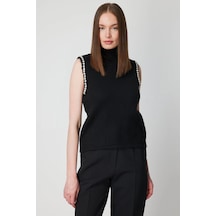 On Fashion Omuzları Taşlı Boğazlı Kadın Siyah Kazak 63382 Siyah