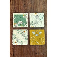 Doğal Taş Bardak Altlığı Çiçek Temalı Baskılı 10x10cm Stone Coasters 4'lü Set Çok Renkli