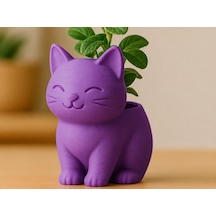 3d Baskı Sevimli Kedi Saksı - Figürlü Sukulent Saksısı-mor
