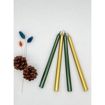 Denic 4 lü Metalik Yeşil ve Gold  Şamdan Mum Konik Mum