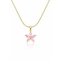 Lotus Çiçeği Pembe Taşlı Altın Renk Çelik Kadın Kolye Altın-pembe