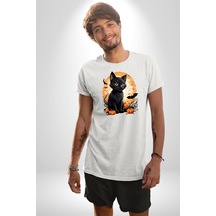Cadılar Bayramı Kedi Unisex Unisex Beyaz Organik Baskılı T-shirt Penye Yüksek Kalite Beyaz