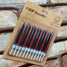 Red Black Bırthday Candle Vıp Parlak Metalik Simli Kırmızı Siyah Pasta Mumu 12 Adet Doğum Günü Mumu