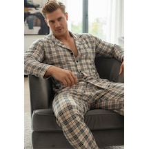 Siyah İnci Erkek Ekoseli %100 Pamuklu Örme Düğmeli Pijama Takım 7985 Bej Ekose