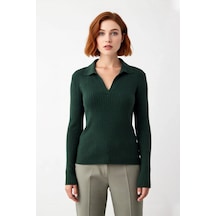 Ersefa Kadın Polo Yaka Fitilli Triko Kazak Modern Fitted Tasarımıyla Cas Zümrüt Yeşili