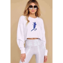 Watercolor Footba Shoot Baskılı Crop Kadın Beyaz Sweatshirt