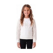 Onloox Kız Çocuk Ekru Kız Çocuk Ekru Pamuklu Bisiklet Yaka Uzun Kollu Kolları Çiçek Aplike Detaylı Sweatshirt 5-10 Yaş