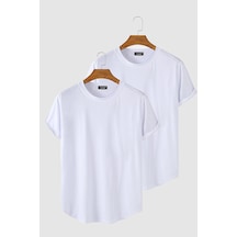 2'li Erkek Beyaz Kolları Katlı Oval Kesim Cepsiz Bisiklet Yaka T-shirt Beyaz
