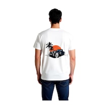 Paybuy Erkek Vintage Klasik Araba Baskılı Kısa Kollu Tişört Tropik Palmi Beyaz