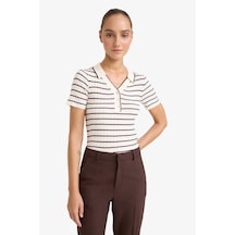 Defacto Fitted Polo Yaka Çizgili Kısa Kollu Triko Kazak G0471ax25auer105 Ekru