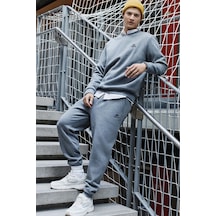 Tommy Life Gri Melanj Pamuklu Kalın İçi Tüylü Yumuşak Dokulu Comfort Fit Nakışlı Erkek Eşofman Takım -85265 GRİ MELANJ