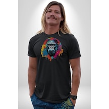 Renkli Maymun Goril Unisex Unisex Siyah Organik Baskılı T-shirt Penye Yüksek Kalite Siyah