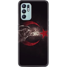 Oppo Reno 6 Kılıf Resimli Desenli Baskılı Silikon Kurt ve Ay Yıldız 1403