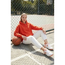 Lela Regular Fit Pamuklu Kapüşonlu Yaka Şardonlu Kışlık Bayan Sweat 5863854 Oranj