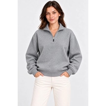 Kadın Üç İplik İçi Şardonlu Dik Yaka Yarım Fermuarlı Kışlık Sweatshirt - Gri Çok Renkli