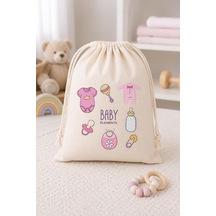 Baby Elements Baskılı Ham Bez Büzgülü Bebek Torbası 30x40 Cm 2'li Set - Çok Amaçlı Bebek Eşyası Saklama Ve Organizer Çantası Pembe Çok Renkli
