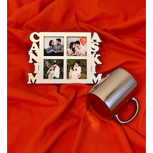 Canım Aşkım 4 Fotoğraf Standlı Mdf Gümüş Çerçeve Ve Gümüş Kupa Set