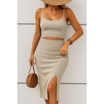 Efnaz Style Kadın Kolsuz Askılı Crop Yırtmaçlı Midi Etek Fitilli Kaşkorse Takım Bej